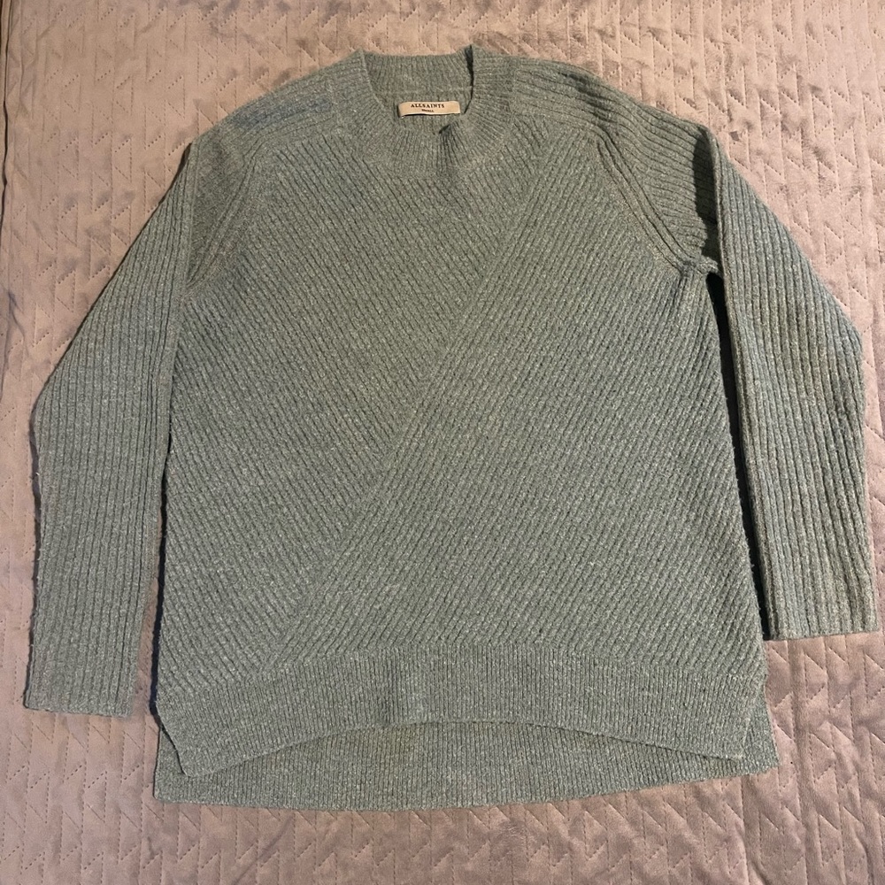 AllSaints Light Sage Green Ribbed Crew Neck Sweater